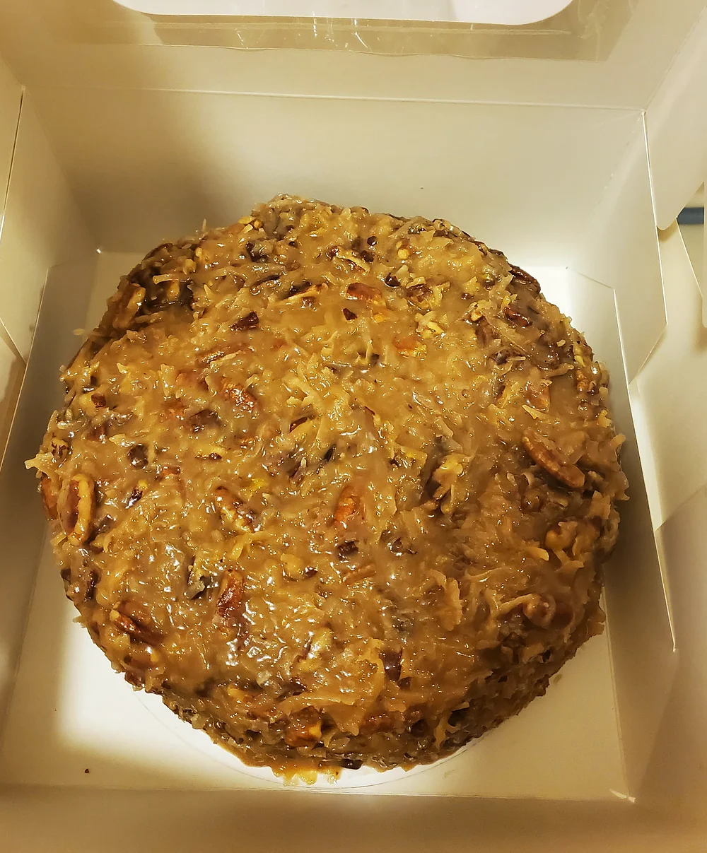 German chocolate cake with coconut pecan frosting
