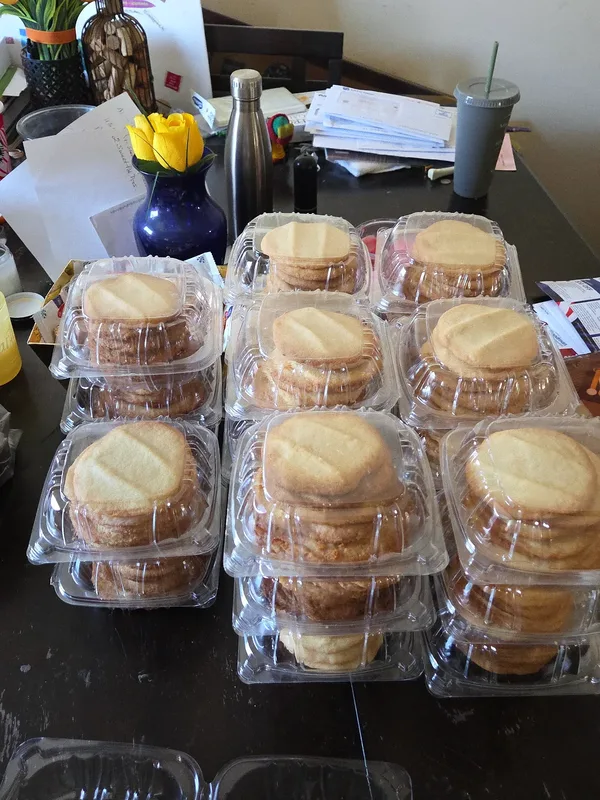 Sha’s freshly baked cookies, packed in containers